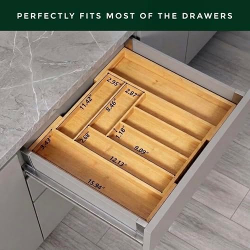 Bamboo Drawer Organizer, Expandable 8-Slot Silverware & Utensil Tray