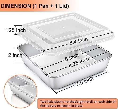 TeamFar 8x8 Inch Baking Pan with Lid, Stainless Steel Square Cake Pan