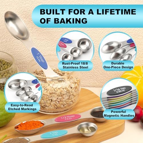 Magnetic Measuring Spoons Set of 9 with Leveler, Color-Coded Dual