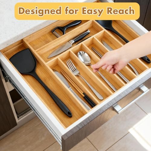Bamboo Drawer Organizer - Expandable Silverware & Utensil Drawer