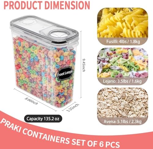 PRAKI 4L Dry Food Storage Containers with Lids, 6PCS
