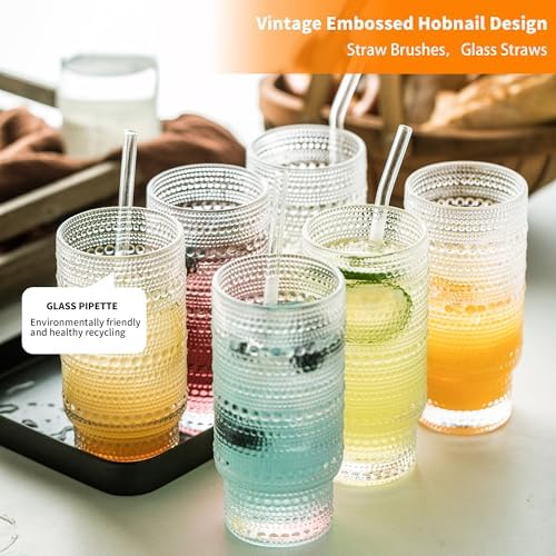 KEMORELA Vintage drinking glasses set of 6, Large 16oz Hobnail