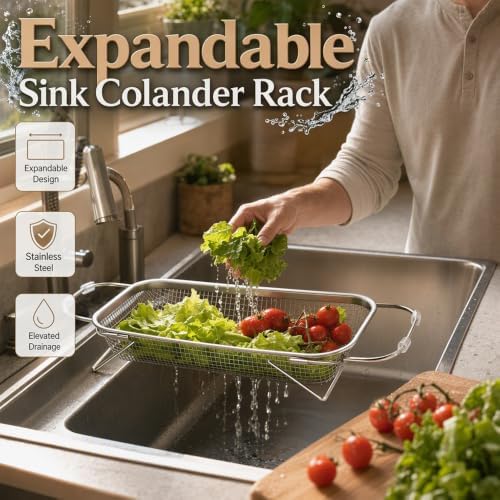 Stainless Steel Over-The-Sink Colander Strainer Basket, Expandable