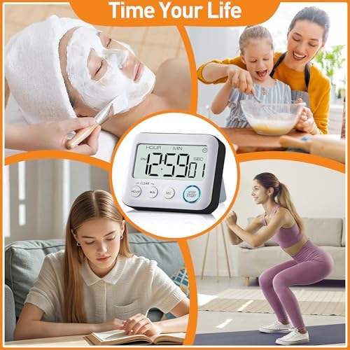 Digital Kitchen Timer Alarm Clock, Large LCD Display, Black