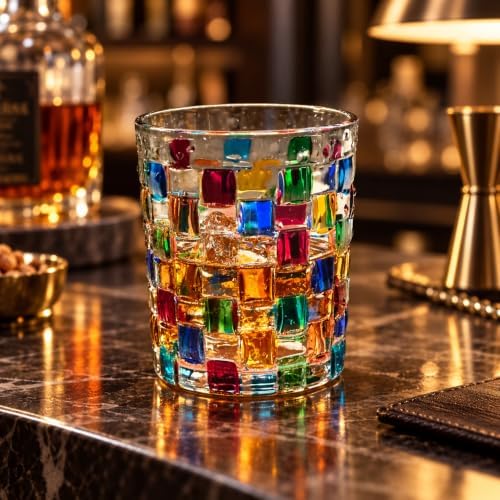 Set of 4 Colorful Hand Painted Whiskey Glasses, 10oz Rocks Glasses
