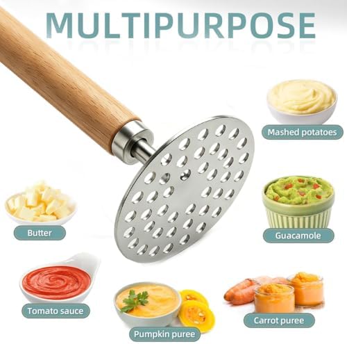 Potato Masher, 9in Wood Handle Stainless Steel Grid Masher Tool