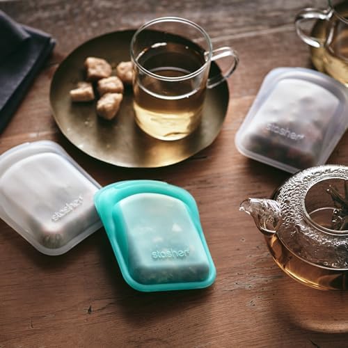 Stasher Premium Reusable Silicone Pocket Bags, 2-Pack, Clear and Aqua