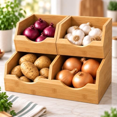 3 Piece Stackable Bamboo Pantry Storage Bins, Potato and Onion