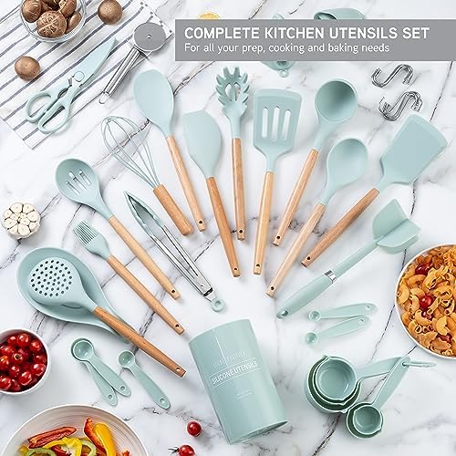 Country Kitchen Non Stick Silicone Utensil Set with Rounded Wood