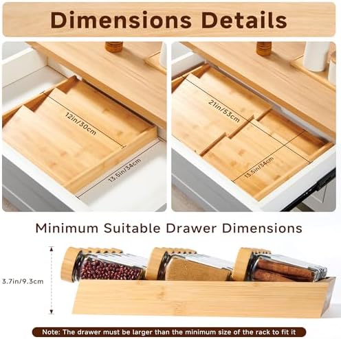 3-Tier Expandable Bamboo Spice Drawer Organizer, Adjustable Width 12"