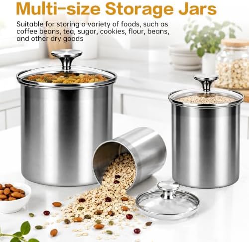 4-Pcs Stainless Steel Airtight Kitchen Canister Set with Glass Lid