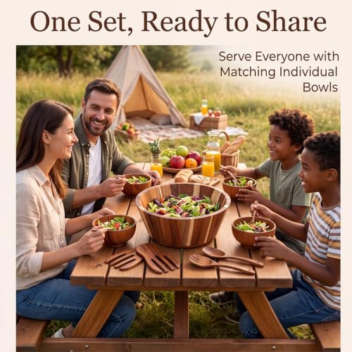 Honeydak 9 Pcs 12" Wood Salad Bowl with 4.7" Serving Bowls and