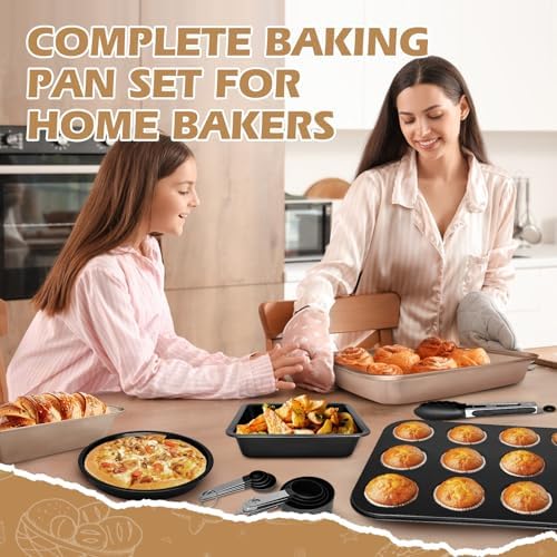 26pcs Nonstick Baking Pans Set Carbon Steel, Muffin Pan with Silicone Cups, Cooling Rack, Round & Square Cake Pans, Measuring Cups & Spoons, Bakeware Sets for Beginners, Renters & Home Bakers