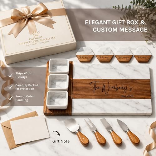 Personalized Charcuterie Board Set - Custom Engraved Wooden Marble Cheese Board with Knife Set - Best Wedding Gift for Couples, Bridal Shower, Engagement, Anniversary, Housewarming & Gift for Parents