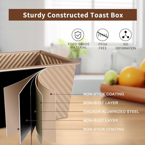 Pullman Loaf Pan with Lid, 2 Pack Aluminized Steel Bread Pan Golden