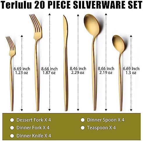 20 Piece Gold Silverware Set for 4, Terlulu Stainless Steel Flatware