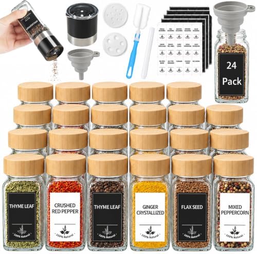 Glass Spice Jars with Label 24 Pcs Seasoning Containers with Wood Lids
