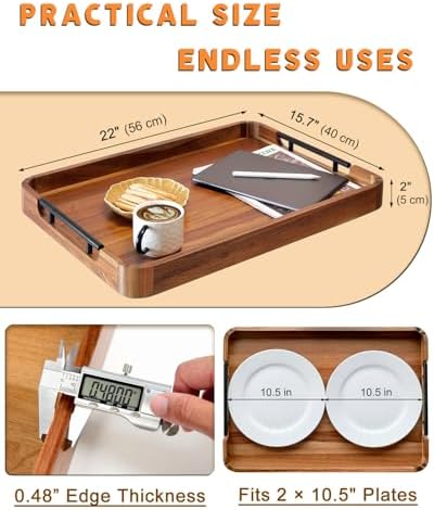 22" Acacia Wood Ottoman Serving Tray with Handles, Rounded Corners