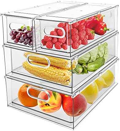 4 Pack Refrigerator Organizer Bins, 2 Large + 2 Small