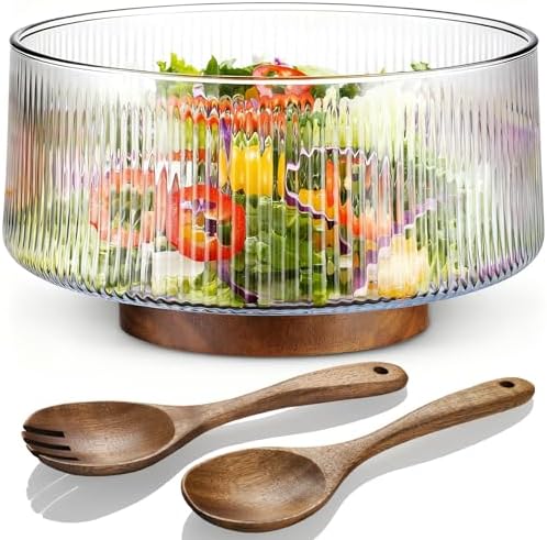 NiHome Glass Salad Bowl Set, Large Serving Bowl with Wood Utensils