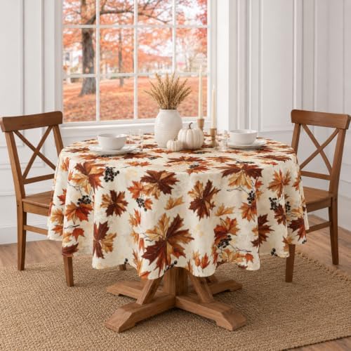 Fall Round Tablecloth 60 Inch Maple Leaves Waterproof Heat Resistant