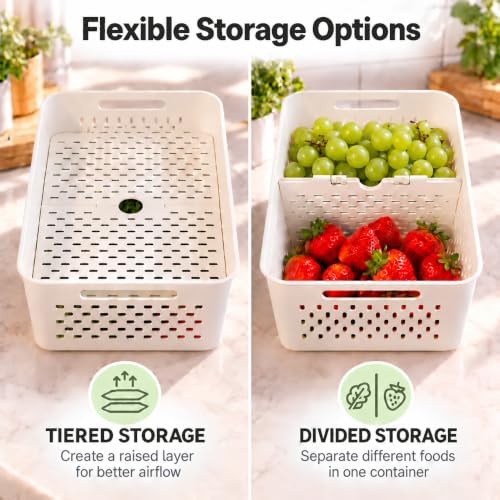 5 Pack BPA-Free Produce Keeper, Food Storage Container w/ Drain Basket