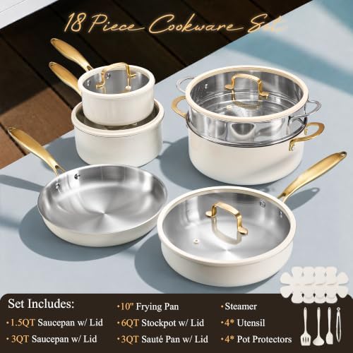 CAROTE 18 PCS Stainless Steel Cookware Set, Pots and Pans Set