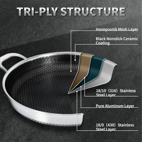 Hybrid Nonstick Skillet with Lid 13 Inch, Stainless Steel Paella Pan