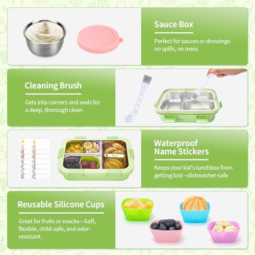 Stainless Steel Lunch Box for Kids, 3 Compartments, Green