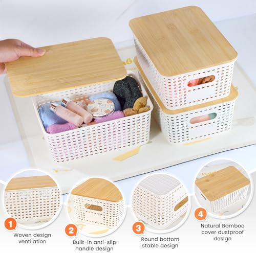 Ohmlove 6-Pack Plastic Storage Baskets with Bamboo Lids