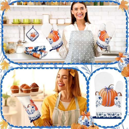 Fanfanwin 10 Pcs Fall Pumpkin Kitchen Decor Set Blue and White