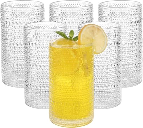 Hobnail Drinking Glasses Set of 6 Clear Embossed Boho Glass Water Cups