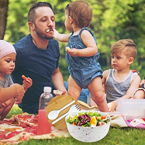ECOWAY Melamine Salad Bowl with Bamboo Lid & Servers, Bamboo Fiber