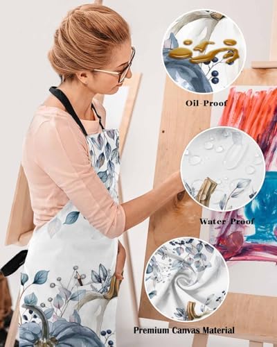 Blue White Pumpkins Fall Kitchen Aprons with Pockets Waterproof, Maple