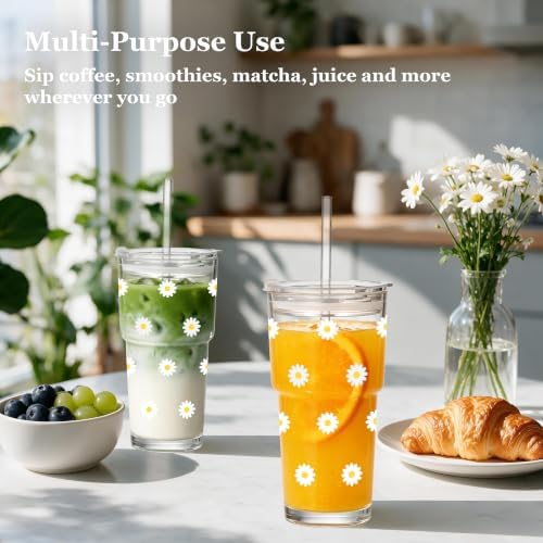 Cute Glass Cups with Lid and Straws, 20oz, Reusable Iced Coffee Cup