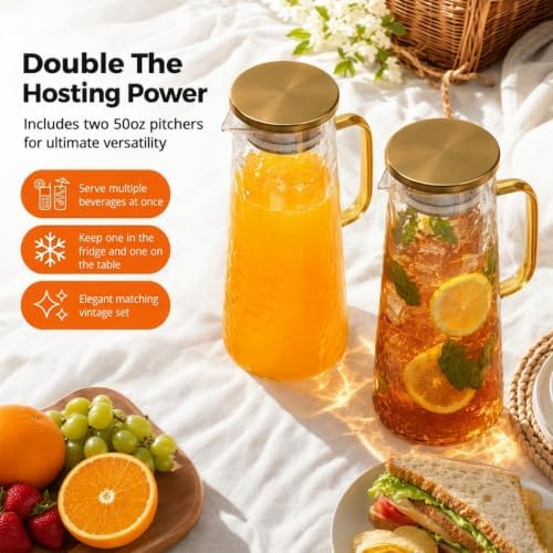 Glass Water Pitcher 2 Pack with Lid & Filter, 50 oz 1.5L Borosilicate