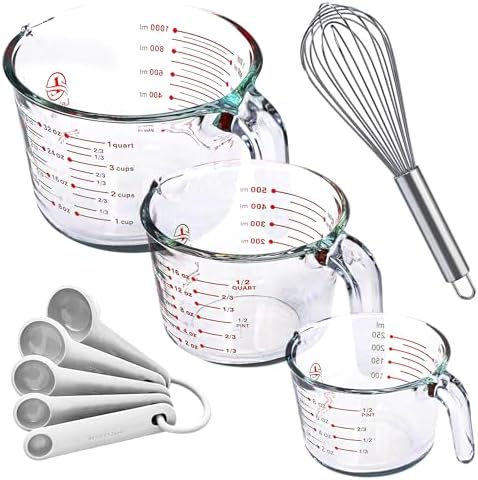 Le'raze Set of 3 Glass Measuring Cups with Measuring Spoons & Whisk