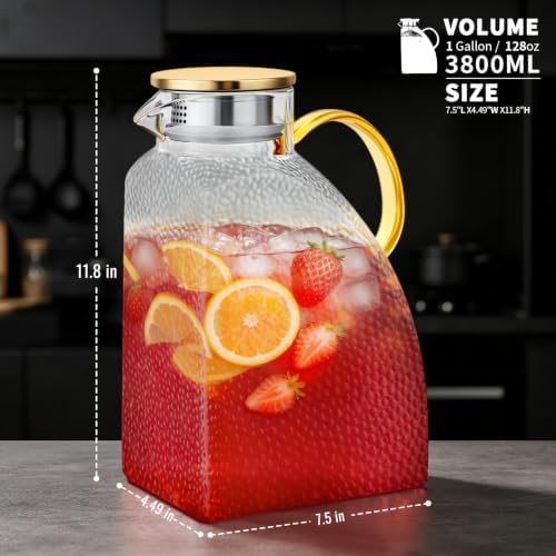 1 Gallon Large Hammered Square Glass Pitcher, with Lid Spout & Handle