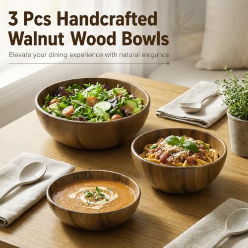 3 Pcs Walnut Wooden Bowls Set, 8.7", 6.3", 5.5" Large Wooden Salad