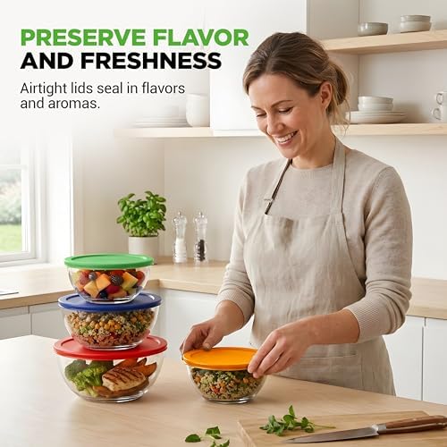 NutriChef 4‐Piece Glass Mixing Bowls with Lids – Premium Borosilicate