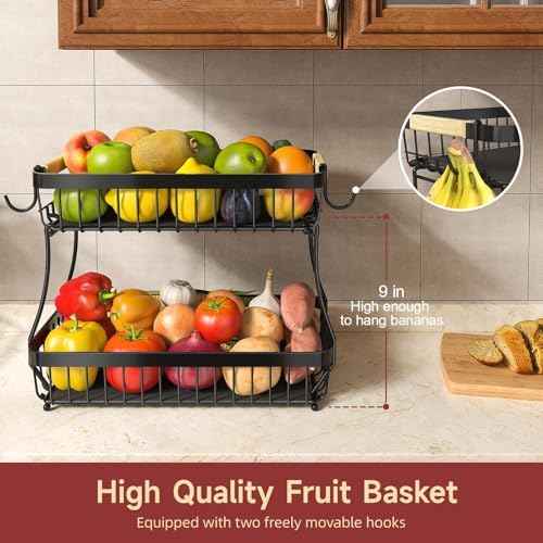 Sevenblue 2-Tier Fruit Basket with Banana Hangers, Detachable Metal Bowl