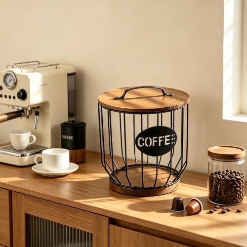 Coffee Pod Basket Holder - Large Capacity Black with Wood Lid