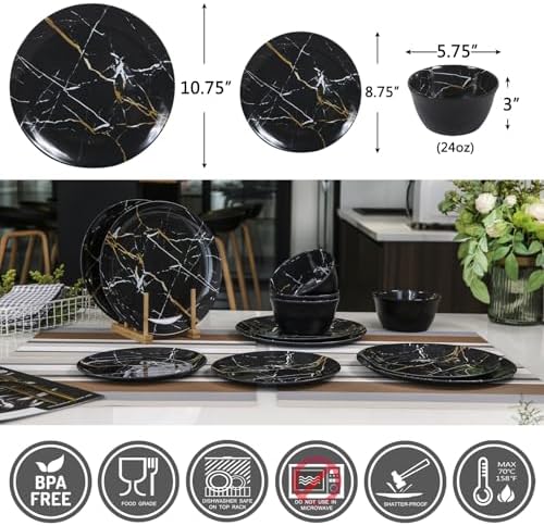 Melamine Dinnerware Sets - 12PCS Plates and Bowls Sets Black Marble