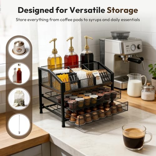 Coffee Bar Organizer with 3 Syrup Pumps, 3-Tier Coffee Station