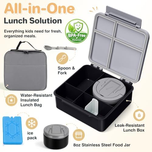 Bento Lunch Box with 8oz Soup Thermo,Kids Leakproof 4 Compartment
