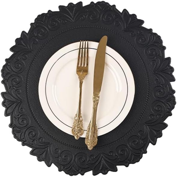 Round Faux Leather Placemats Set of 6, Dining Table Mats, Black