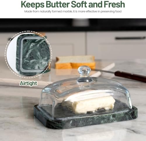 Koville Green Marble Butter Dish with Glass Lid for Countertop and