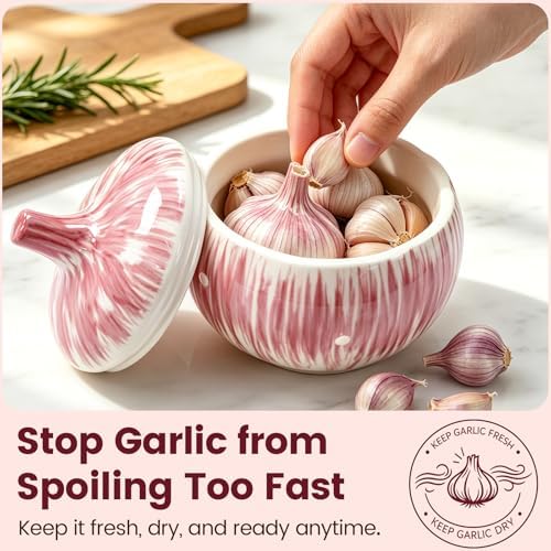 Purple Ceramic Garlic Keeper for Counter – With Lid & Vents, Garlic