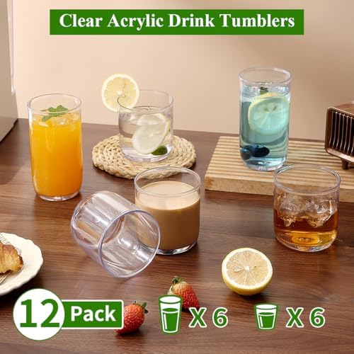 Kyraton Drinking Glasses Set of 12, PET Clear Plastic Highball Glasses