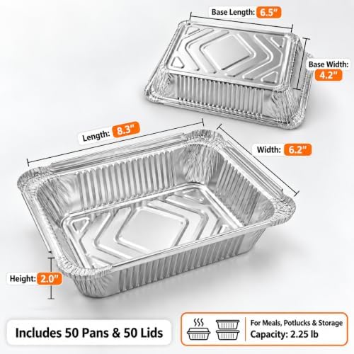 50 Pack Aluminum Pans with Cardboard Lids, 8.3"x6.2", 2.25 LB